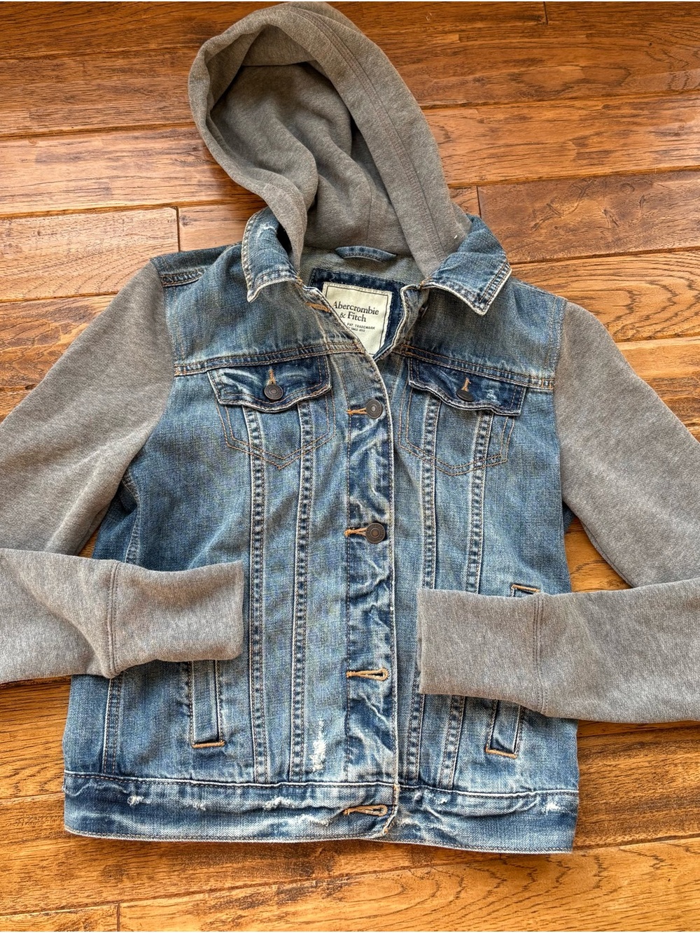 Abercrombie & Fitch Blue Denim Jacket with Gray Hoodie and Sleeves
